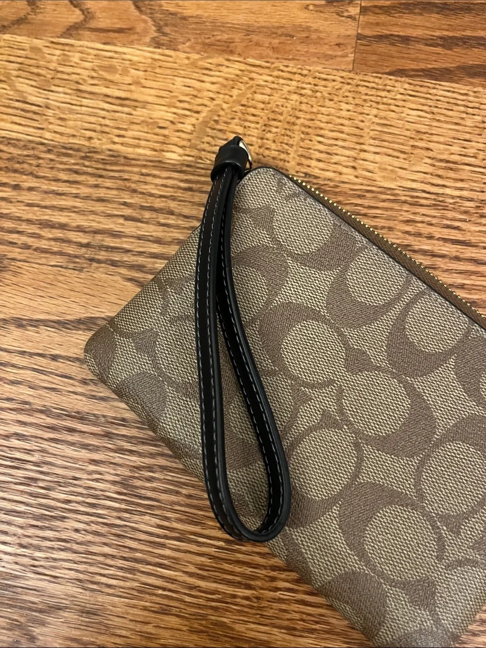 Coach Brown Monogram Wristlet with Black Stripe and Gold Hardware